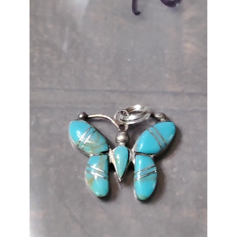 Vintage Sterling Silver Turquoise Butterfly Pendant Charm Inlay Antennae Detail